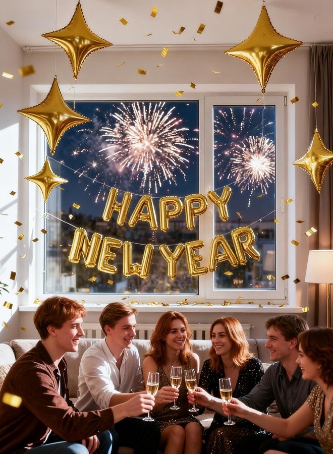 Haolongfa Gold Happy New Year Balloons Set, 16 Inch Gold Foil Letter Balloons with Star Balloon, 2026 New Year Eve Party Decorations, Festive Celebration Supplies for Countdown, Home, Bar & Photo Booth Decor - Image 5